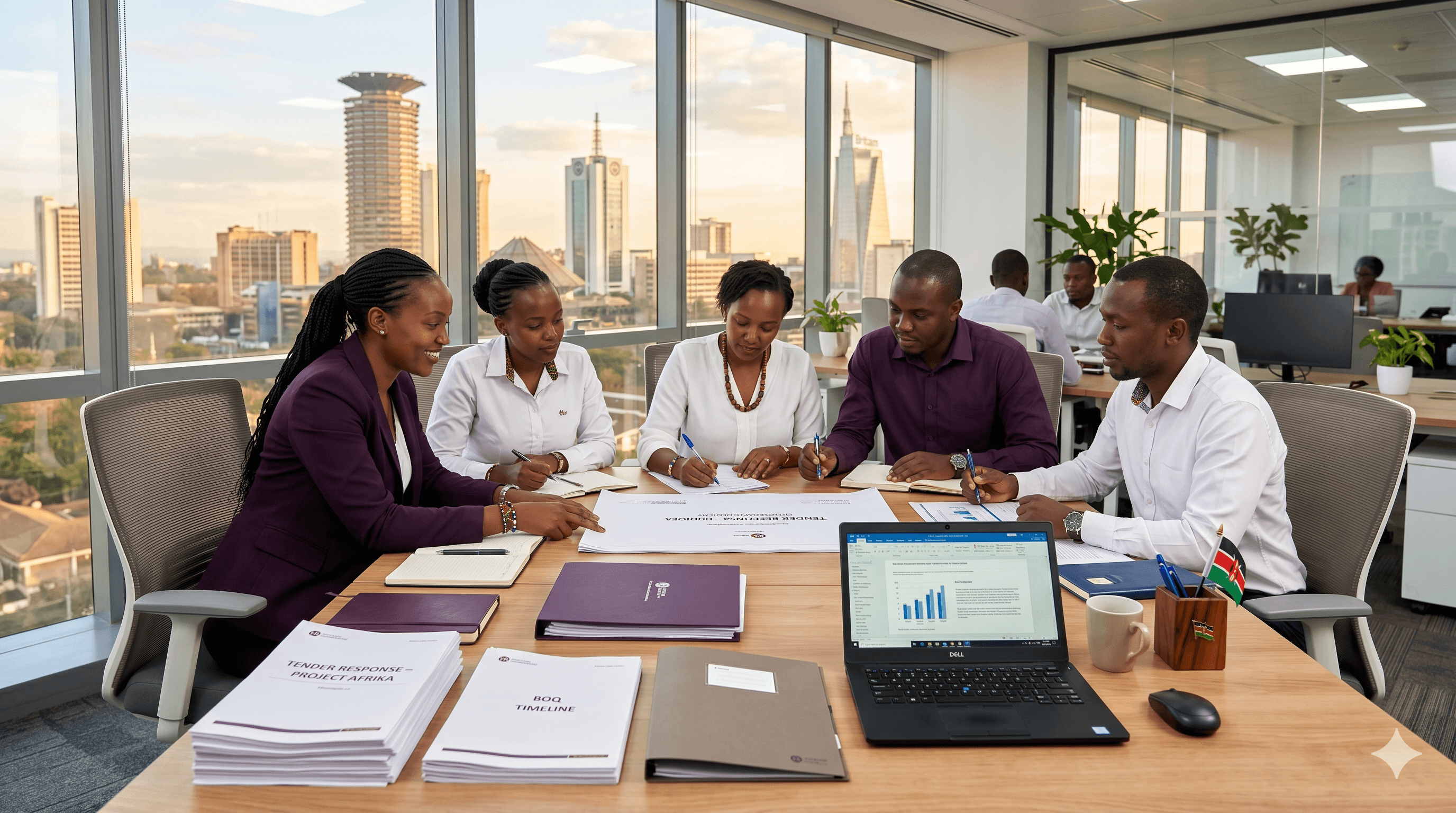 Crevesha team reviewing tender documents in a Nairobi boardroom with the city skyline visible