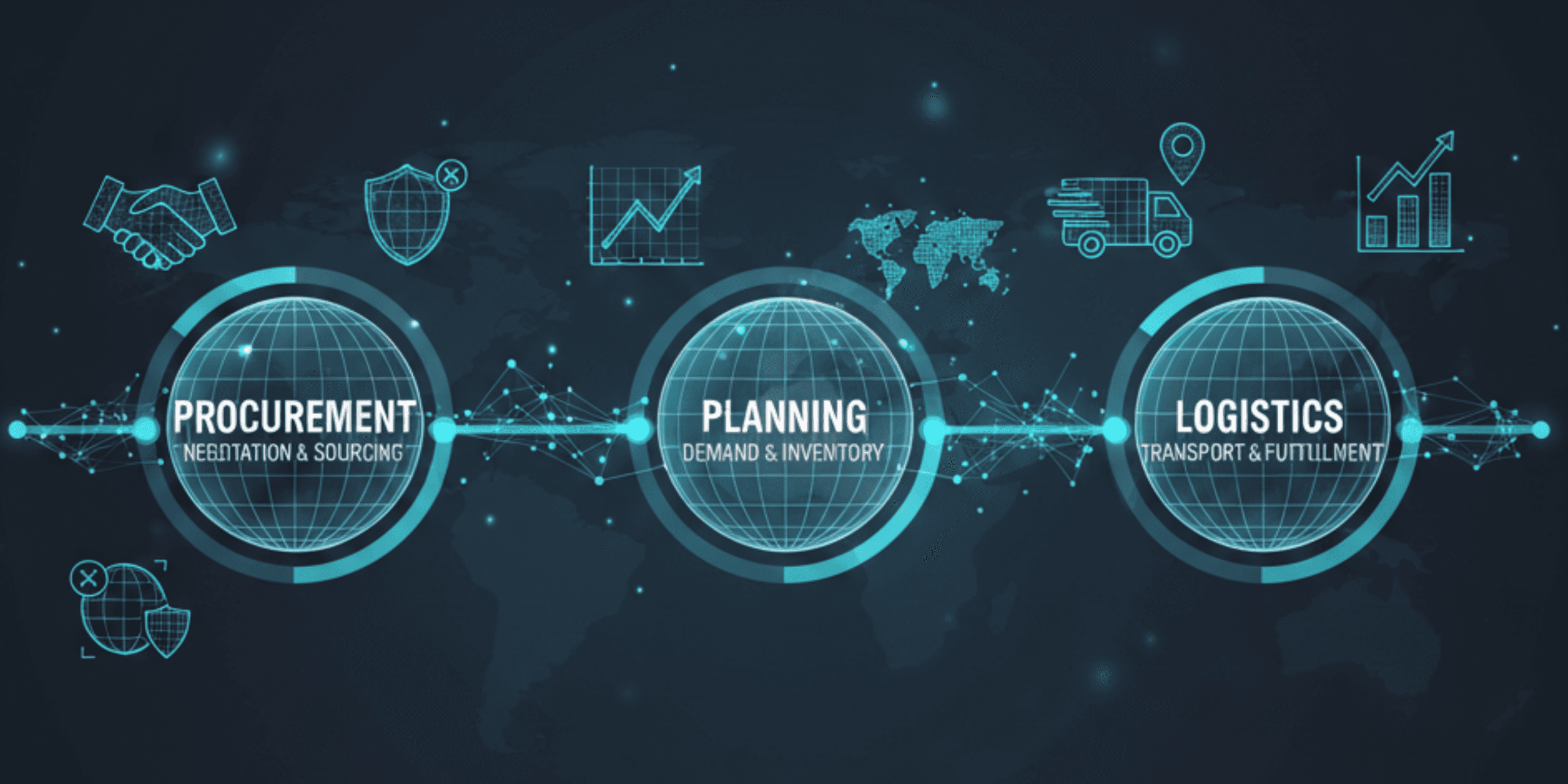 Supply chain infographic showing procurement, planning, and logistics